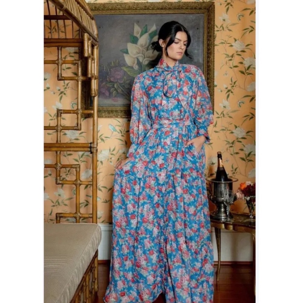 Sue Sartor Elysee Gown Blue Garden Rose Chiffon Maxi Dress XL NWT - Picture 2 of 8